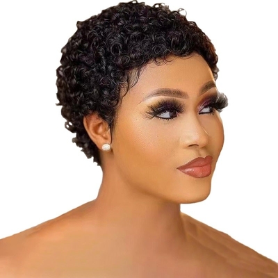 250% Densidade Pixie Cut Curly Human Hair Wig com base de renda suíça