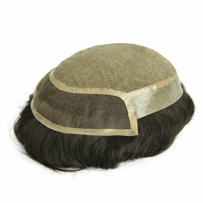 100% de cabelo humano masculino de toupee tecido à mão, patch de cabelo de calvície invisível com pele de PU e renda suíça.