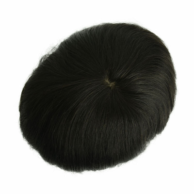 100% de cabelo humano masculino de toupee tecido à mão, patch de cabelo de calvície invisível com pele de PU e renda suíça.