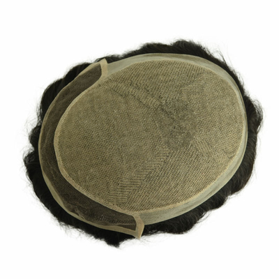100% de cabelo humano masculino de toupee tecido à mão, patch de cabelo de calvície invisível com pele de PU e renda suíça.