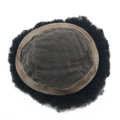 Remy Hair Adesivo de alta densidade Afro Curl PU Sistema de substituição de cabelo de renda Toupee para homens negros