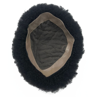 Remy Hair Adesivo de alta densidade Afro Curl PU Sistema de substituição de cabelo de renda Toupee para homens negros