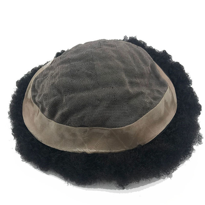 Remy Hair Adesivo de alta densidade Afro Curl PU Sistema de substituição de cabelo de renda Toupee para homens negros