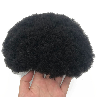 Remy Hair Adesivo de alta densidade Afro Curl PU Sistema de substituição de cabelo de renda Toupee para homens negros