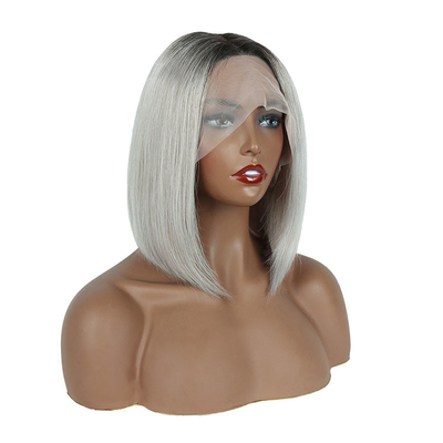 100% de cabelo humano Ombre cinza curto Bob corte pré-plucked HD renda Perucas frontais 250% densidade