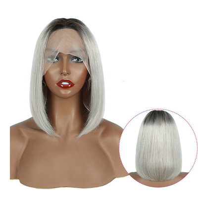 100% de cabelo humano Ombre cinza curto Bob corte pré-plucked HD renda Perucas frontais 250% densidade