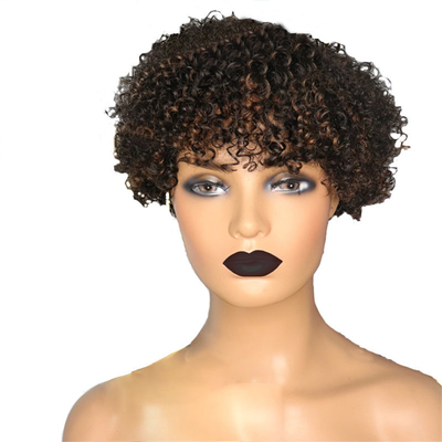 Castanho claro Afro Curly Peruca cutícula alinhada Pixie corte curto cabelo humano Perucas com Bangs