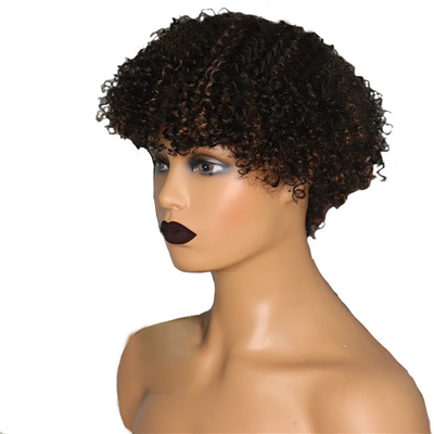 Castanho claro Afro Curly Peruca cutícula alinhada Pixie corte curto cabelo humano Perucas com Bangs
