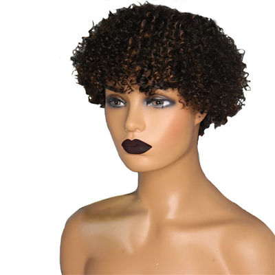 Castanho claro Afro Curly Peruca cutícula alinhada Pixie corte curto cabelo humano Perucas com Bangs