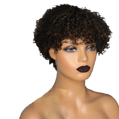 Castanho claro Afro Curly Peruca cutícula alinhada Pixie corte curto cabelo humano Perucas com Bangs