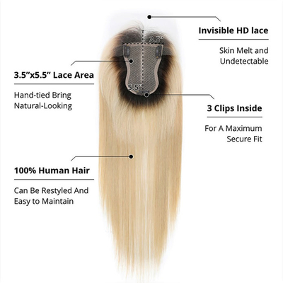 Base de seda europeia cinza loira recta clipe em cabelo humano topper com HD renda para mulheres