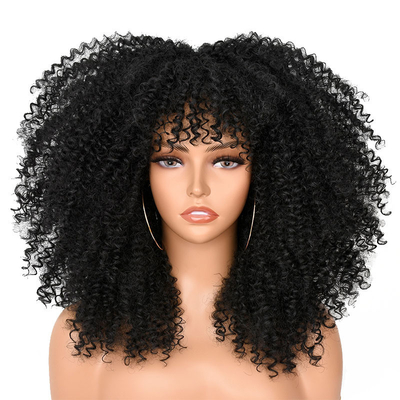 Castanho Frio Cabelos Humanos Bouncy e encaracolados Perucas com Bangs Peruanos Remy Afro Curls Kinky