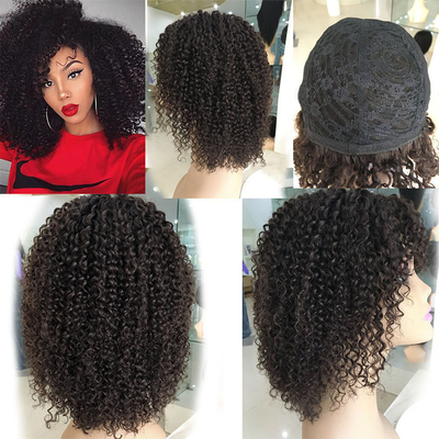 Castanho Frio Cabelos Humanos Bouncy e encaracolados Perucas com Bangs Peruanos Remy Afro Curls Kinky