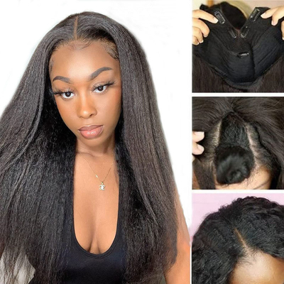Perucas comprimento V parte longa sem cola Afro Kinky cabelo humano reto Peruca 250% densidade