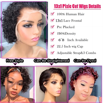 Perucas de cabelo humano de 8 polegadas 360 encaixe Frente Pixie Curls Peruca para cabelos macios e brilhantes