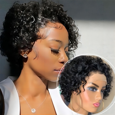 Perucas de cabelo humano de 8 polegadas 360 encaixe Frente Pixie Curls Peruca para cabelos macios e brilhantes
