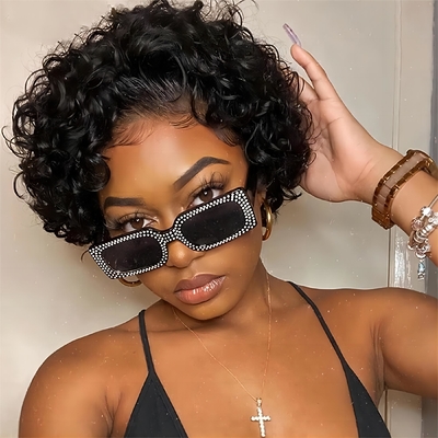 Perucas de cabelo humano de 8 polegadas 360 encaixe Frente Pixie Curls Peruca para cabelos macios e brilhantes