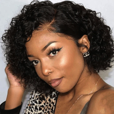 Cabelo humano brasileiro Pixie Cut Curly Full HD renda sem cola parte lateral peruca para mulheres